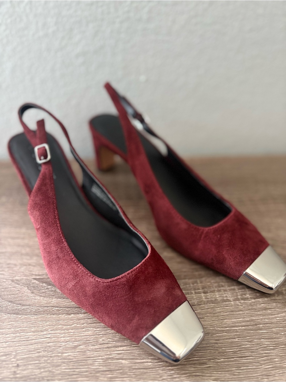J. Crew Burgundy Suede Slingback Pumps with Silver Cap Toe